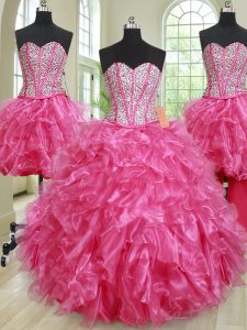 Four Piece Hot Pink Lace Up Sweet 16 Dresses Beading and Ruffles Sleeveless Floor Length