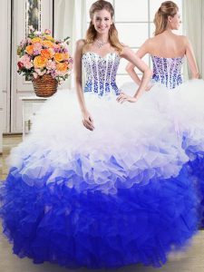 Hot Selling Organza Sweetheart Sleeveless Lace Up Beading and Ruffles Sweet 16 Dresses in Blue And White