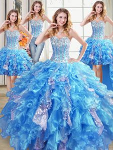 Flare Four Piece Baby Blue Sweetheart Neckline Beading and Ruffles and Sequins Sweet 16 Dress Sleeveless Lace Up