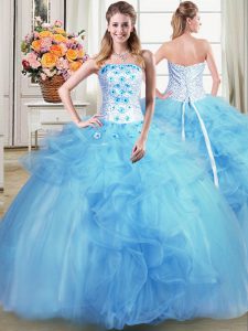 Adorable Light Blue Ball Gowns Tulle Strapless Sleeveless Beading and Appliques and Ruffles Floor Length Lace Up Sweet 16 Quinceanera Dress