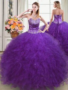 Eggplant Purple Ball Gowns Sweetheart Sleeveless Tulle Floor Length Lace Up Beading and Ruffles Quinceanera Gowns