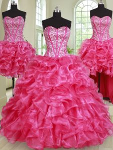 Four Piece Hot Pink Ball Gowns Organza Sweetheart Sleeveless Beading and Ruffles Floor Length Lace Up Sweet 16 Quinceanera Dress