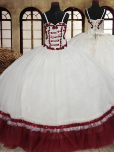 Glamorous Straps White And Red Ball Gowns Beading Quince Ball Gowns Lace Up Organza Sleeveless Floor Length