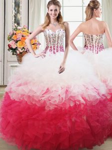 Charming Organza Sweetheart Sleeveless Lace Up Beading and Ruffles Quinceanera Gowns in Pink And White