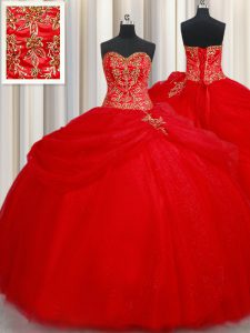 Dazzling Pick Ups Ball Gowns 15 Quinceanera Dress Red Sweetheart Tulle Sleeveless Floor Length Lace Up
