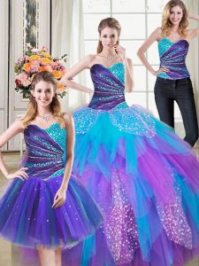 Three Piece Multi-color Sweetheart Neckline Beading and Ruffles Quinceanera Dress Sleeveless Lace Up