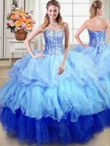 Enchanting Sweetheart Sleeveless Quince Ball Gowns Floor Length Ruffles and Sequins Multi-color Organza