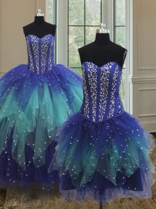 Nice Three Piece Multi-color Ball Gowns Beading and Ruffles Quinceanera Dresses Lace Up Tulle Sleeveless Floor Length