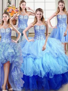 Four Piece Sleeveless Organza Floor Length Lace Up 15 Quinceanera Dress in Multi-color with Ruffles and Sequins