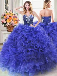 Nice Royal Blue Ball Gowns Sweetheart Sleeveless Organza Floor Length Lace Up Beading and Ruffles Quinceanera Gowns