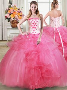 Unique Tulle Sleeveless Floor Length 15th Birthday Dress and Beading and Appliques and Ruffles