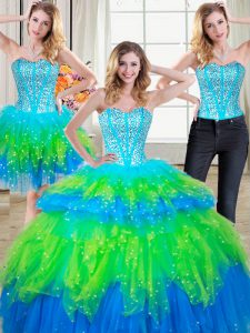 Unique Three Piece Multi-color Sweetheart Neckline Beading and Ruffled Layers Sweet 16 Quinceanera Dress Sleeveless Lace Up