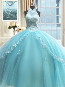 Aqua Blue Tulle Lace Up Halter Top Sleeveless Floor Length Quinceanera Dress Beading and Lace and Appliques