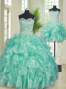 Three Piece Apple Green Ball Gowns Beading and Ruffles Quinceanera Gowns Lace Up Organza Sleeveless Floor Length