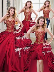 Colorful Four Piece Wine Red Lace Up Quinceanera Gowns Beading and Appliques and Pick Ups Sleeveless Floor Length