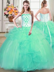 Strapless Sleeveless 15 Quinceanera Dress Floor Length Beading and Appliques and Ruffles Turquoise Tulle