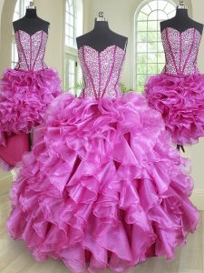 Simple Four Piece Fuchsia Lace Up Quinceanera Gowns Beading and Ruffles Sleeveless Floor Length