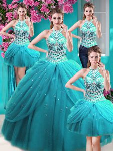 Four Piece Halter Top Pick Ups Floor Length Ball Gowns Sleeveless Aqua Blue Quinceanera Gowns Lace Up