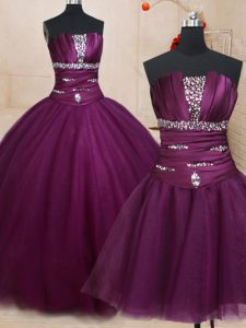 Three Piece Dark Purple Ball Gowns Beading 15th Birthday Dress Lace Up Tulle Sleeveless Floor Length