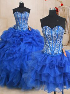 Three Piece Royal Blue Sleeveless Floor Length Beading and Ruffles Lace Up Quinceanera Gown