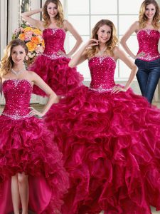 Four Piece Strapless Sleeveless Quince Ball Gowns Floor Length Beading and Ruffles Fuchsia Organza
