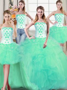 Four Piece Sleeveless Lace Up Floor Length Beading and Appliques and Ruffles Vestidos de Quinceanera