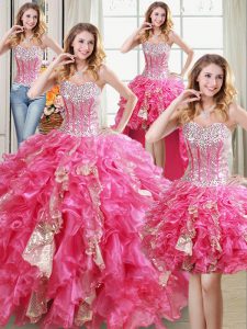 Fashionable Four Piece Sweetheart Sleeveless Sweet 16 Quinceanera Dress Floor Length Beading and Ruffles and Sequins Hot Pink Organza