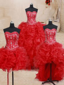 Cute Four Piece Red Quinceanera Gowns Military Ball and Sweet 16 and Quinceanera with Beading and Ruffles Sweetheart Sleeveless Lace Up