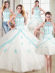 Fashion Four Piece Halter Top White Lace Up Ball Gown Prom Dress Beading and Appliques Sleeveless Floor Length