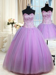 Hot Selling Three Piece Sweetheart Sleeveless Tulle Vestidos de Quinceanera Beading Lace Up