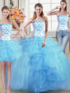 Three Piece Strapless Sleeveless Tulle 15th Birthday Dress Beading and Appliques and Ruffles Lace Up