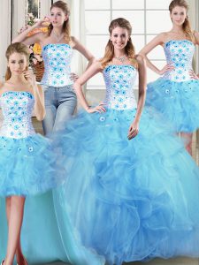 Four Piece Light Blue Lace Up Strapless Beading and Appliques and Ruffles Vestidos de Quinceanera Tulle Sleeveless