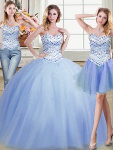 On Sale Three Piece Ball Gowns Quinceanera Gowns Light Blue Sweetheart Tulle Sleeveless Floor Length Lace Up