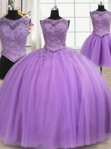 Suitable Three Piece Lilac Lace Up Scoop Beading and Appliques Ball Gown Prom Dress Tulle Sleeveless