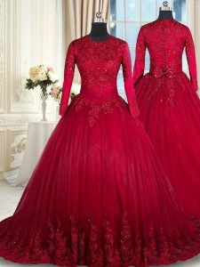 Wine Red Ball Gowns Scoop Long Sleeves Tulle Floor Length Clasp Handle Beading and Lace and Bowknot 15 Quinceanera Dress