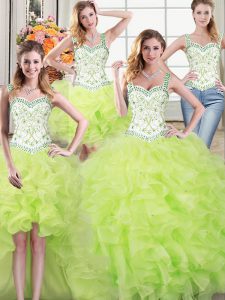 Romantic Four Piece Straps Sleeveless Organza Floor Length Lace Up Vestidos de Quinceanera in Yellow Green with Beading and Lace and Ruffles