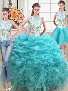Captivating Three Piece Scoop Organza Sleeveless Floor Length Quinceanera Gowns and Beading and Ruffles