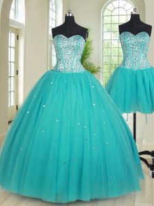 Inexpensive Three Piece Tulle Sweetheart Sleeveless Lace Up Beading Sweet 16 Dress in Aqua Blue