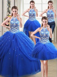 Four Piece Halter Top Royal Blue Lace Up Quinceanera Dress Beading and Pick Ups Sleeveless Floor Length