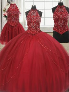 Traditional Three Piece Halter Top Tulle Sleeveless With Train 15 Quinceanera Dress Court Train and Beading