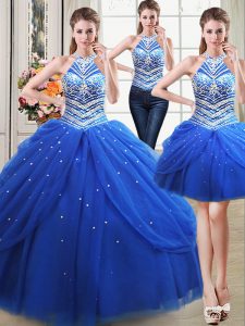 Three Piece Halter Top Royal Blue Lace Up 15th Birthday Dress Beading and Pick Ups Sleeveless Floor Length