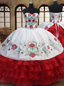 Sexy White and Red Sweetheart Lace Up Embroidery and Ruffled Layers Quinceanera Dress Sleeveless