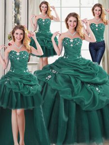 Glorious Four Piece Dark Green Lace Up Sweet 16 Dresses Beading and Ruffles and Pick Ups Sleeveless Floor Length