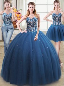 Ideal Three Piece Teal Sweetheart Lace Up Beading Quince Ball Gowns Sleeveless