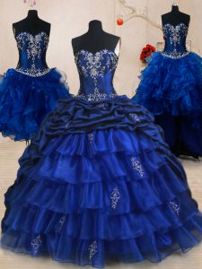 Popular Four Piece Royal Blue Sleeveless With Train Beading and Ruffled Layers and Pick Ups Lace Up Sweet 16 Dresses
