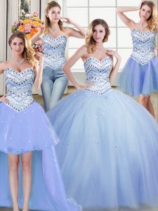 Four Piece Light Blue Quinceanera Dress Military Ball and Sweet 16 and Quinceanera with Beading Sweetheart Sleeveless Lace Up