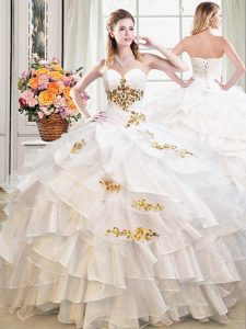 New Style Sleeveless Organza Floor Length Lace Up Ball Gown Prom Dress in White with Beading and Ruffles