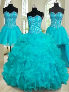 Eye-catching Four Piece Teal Sleeveless Organza Lace Up Quince Ball Gowns for Military Ball and Sweet 16 and Quinceanera