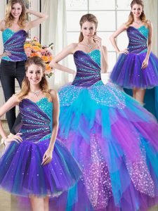Four Piece Tulle Sweetheart Sleeveless Lace Up Beading and Ruffles Quinceanera Gowns in Multi-color