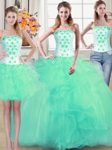 Affordable Three Piece Turquoise Ball Gowns Strapless Sleeveless Tulle Floor Length Lace Up Beading and Appliques and Ruffles Quince Ball Gowns